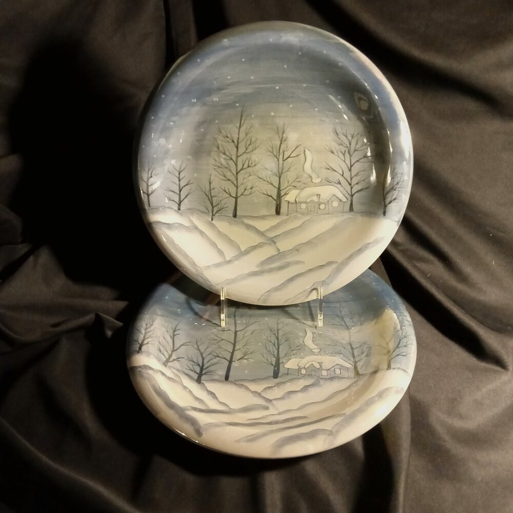TWO Vintage Dinner Plates Atico High Gloss Iridescent Snowy Christmas Scene